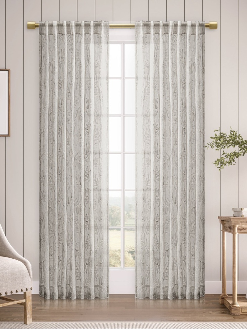 Ricardo Sheer Leaf Gray Rod Pocket Curtain Panel 52x108 Polyester ONE PANEL